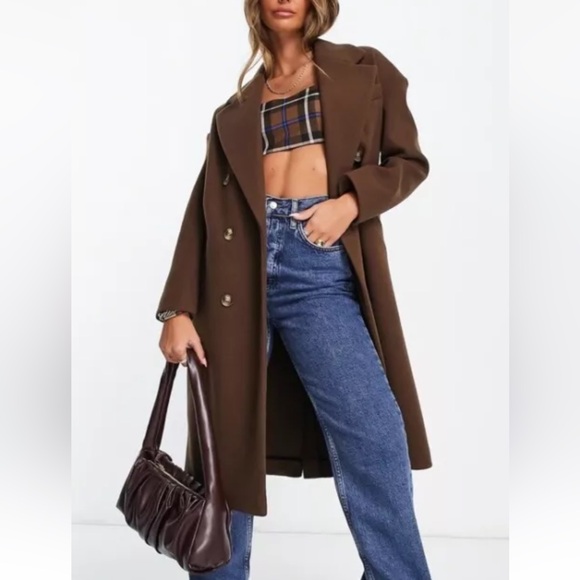 TOPSHOP Double Breasted Long Coat Chocolate Brown Unlined Women - Picture 13 of 13